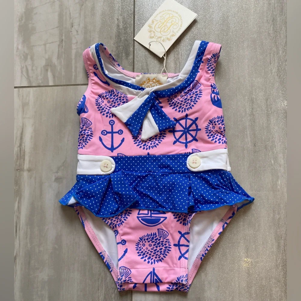 The Beaufort Bonnet Company Pink Blue White Nautical One-Piece Swimsuit for Kids